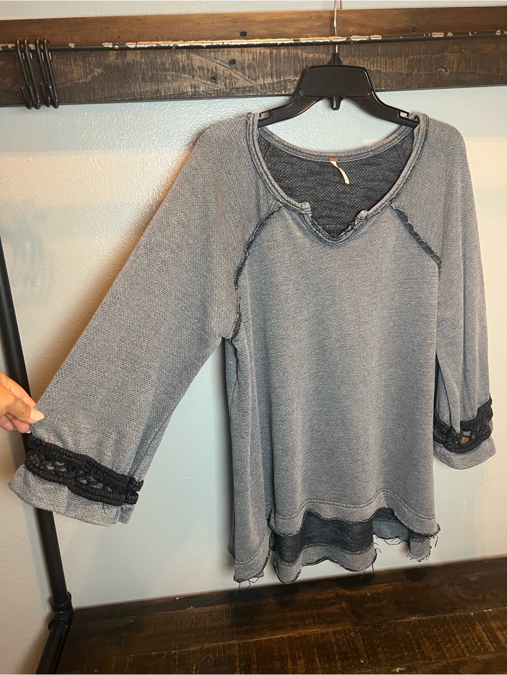 Free People Gray Waffle Knit Tunic with Black Lace Trim